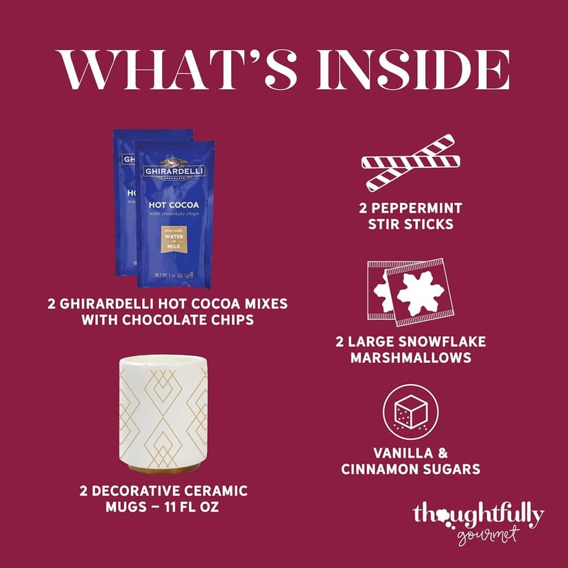 Hot Cocoa for Two Gift Set Made with Ghirardelli, Includes 2 Mugs, 2 Hot Cocoa Mixes, 2 Sugar Toppings, 2 Peppermint Stirrers & 2 Snowflake Marshmallows