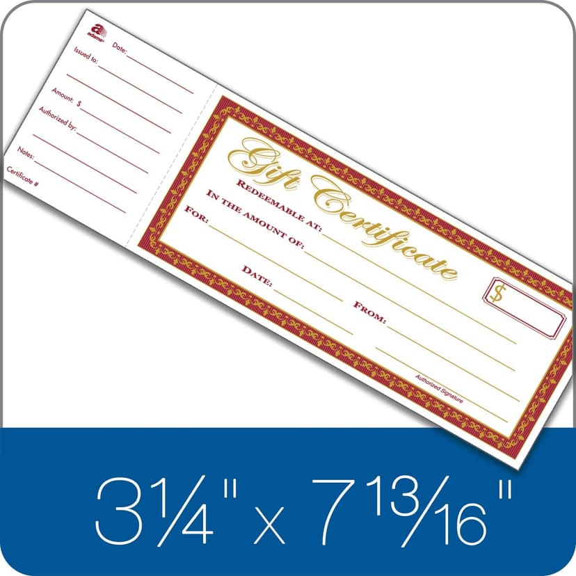 Adams 1-Part Gift Certificates with Stub, 3-1/4" x 11", 25 Certificates/BK (GFTBK1)