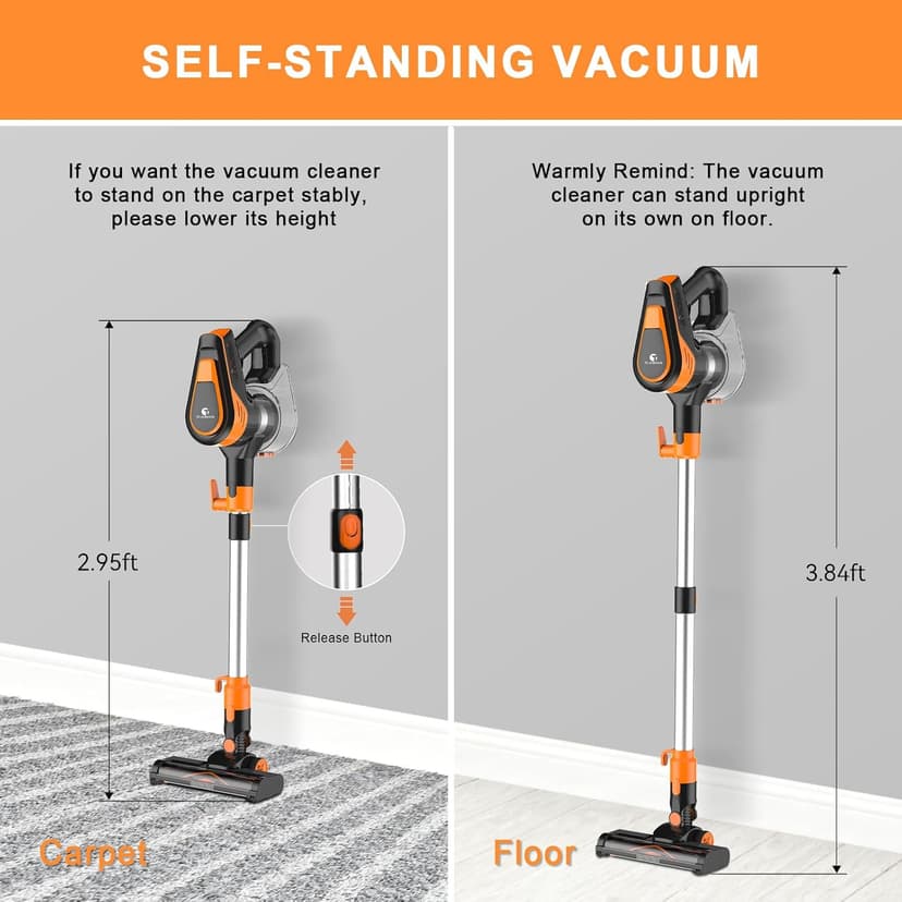 23Ft Corded Vacuum Cleaner, 600W Powerful Self-Standing Stick Vacuum for Home with 20Kpa Suction, 2 Speeds Lightweight Household Vacuum Cleaner for Carpet,Hardwood Floors and Pet Hair