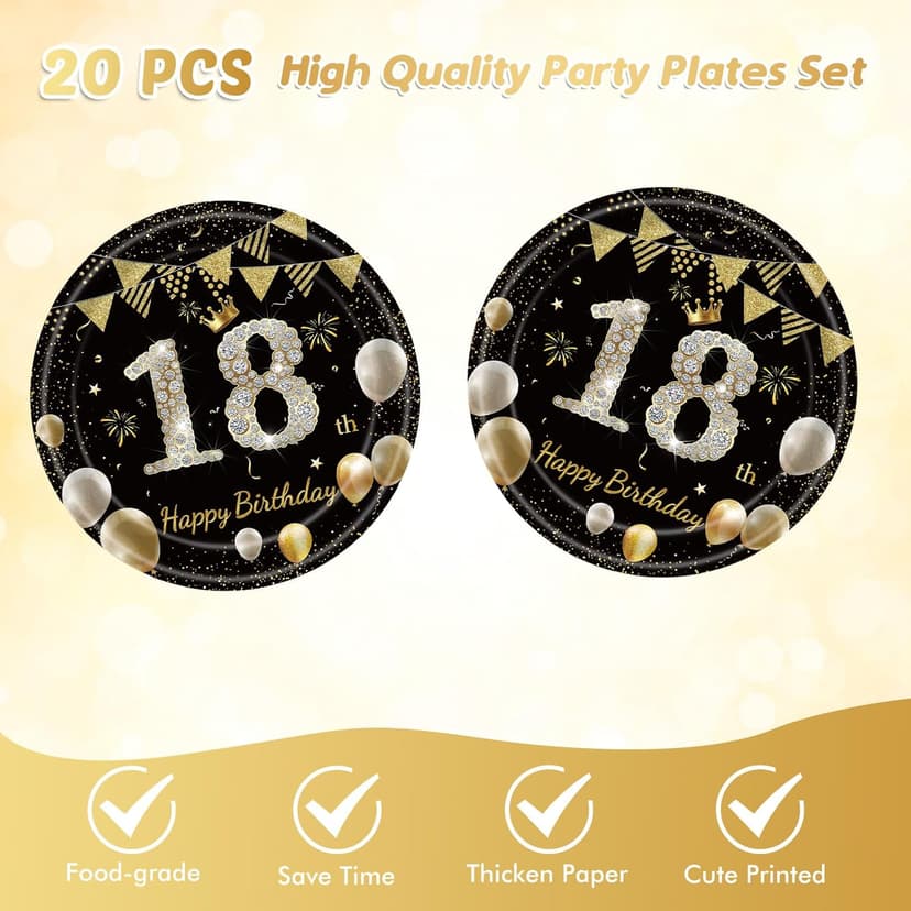 41Pcs 18th Birthday Decorations for Boy Girls, Black Gold 18 Year Old Happy Birthday Girl Decorations include Plates Napkins Tablecloth for Official Teenager 18th Birth Party