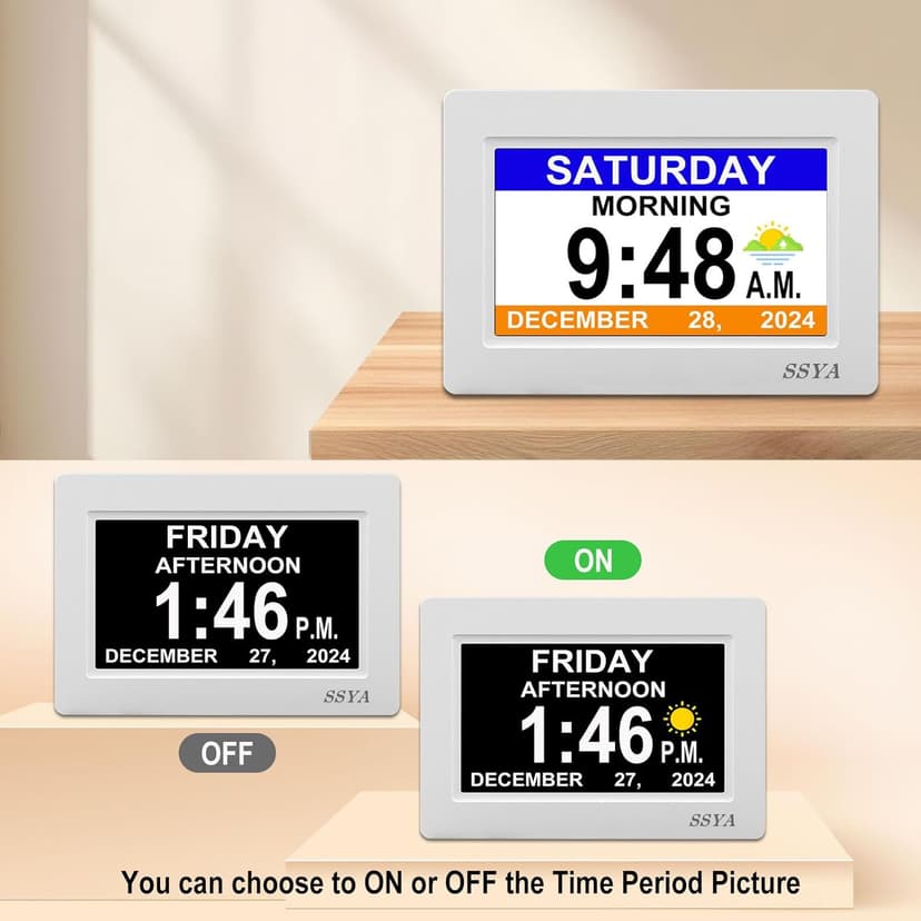 SSYA Digital Calendar Alarm Clock - Dementia Clocks for Seniors, Non-Abbreviated Memory Loss Clock with Date and Time for Elderly (White)