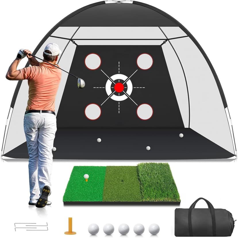 Zensouds Golf Net, 10x7FT with Golf Practice Mat, Hitting Aid Nets for Backyard Driving Chipping Training Swing with Target Outdoor or Indoor– Gifts for Men/Dad/Him