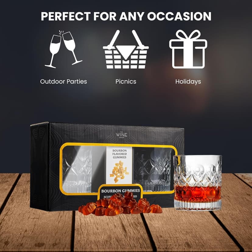 Bourbon Gummy Gift Set with 2 Whiskey Glasses – Bourbon-Flavored Candy Bears & Crystal Lowball Glasses – Father’s Day Gift for Whiskey & Scotch Lovers, Dad, Husband, or Him – Tasting Set