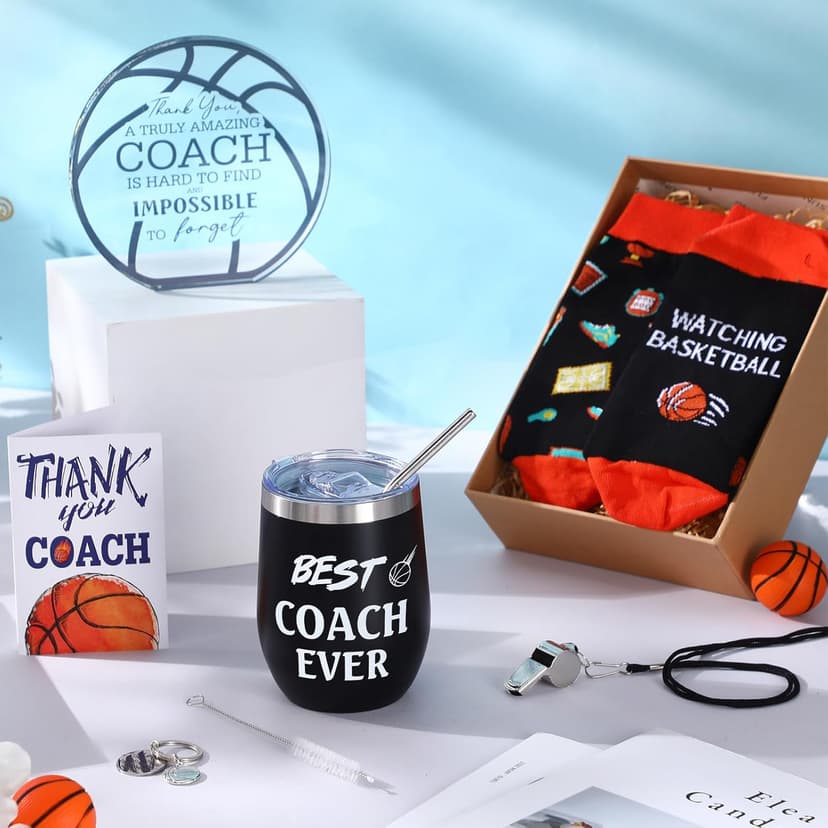 Nitial 6 Pcs Basketball Coach Gifts Teacher Appreciation Gift Set for Basketball Instructor Include Best Coach Ever Tumble Whistle with Lanyard Acrylic Sign Socks Keychain Card