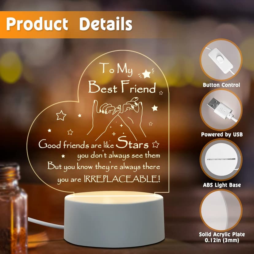 Afterprints Friendship Gifts - Engraved Heart-Shaped Night Light, Best Friend Birthday Gifts for Women, Girls Friends, Christmas Gift for Friends, Acrylic Night Lamp