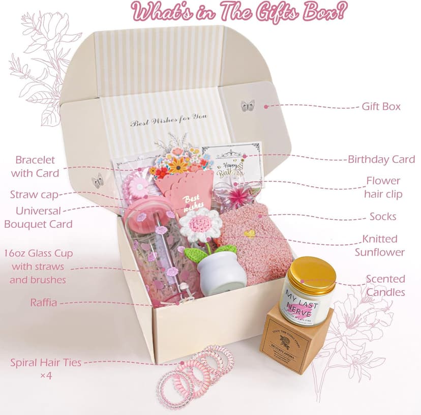 Birthday Gifts for Women, Teen Girls, Her, Unique Happy Birthday Gift Baskets for Best Friend Sister Daughter, Women Christmas Gifts Box for Girl Wife Girlfriends,14pcs Rose Gift Set(Pink)