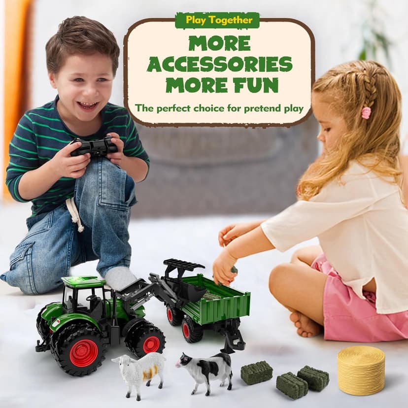 Remote Control Tractor Toy, Kids RC Tractor Set & Truck and Trailer Front Loader - Metal Car Head/8 Wheel/Light, Toddlers Farm Vehicle Toys for 3 4 5 6 7 8 9 Year Old Boys Girls Birthday Gift