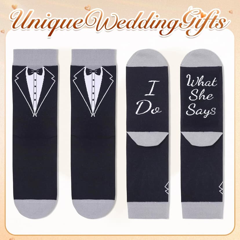 HAPPYPOP Wedding Gifts for Groom - Black Tuxedo Socks for Groom, I Do What She Says Engagement Socks