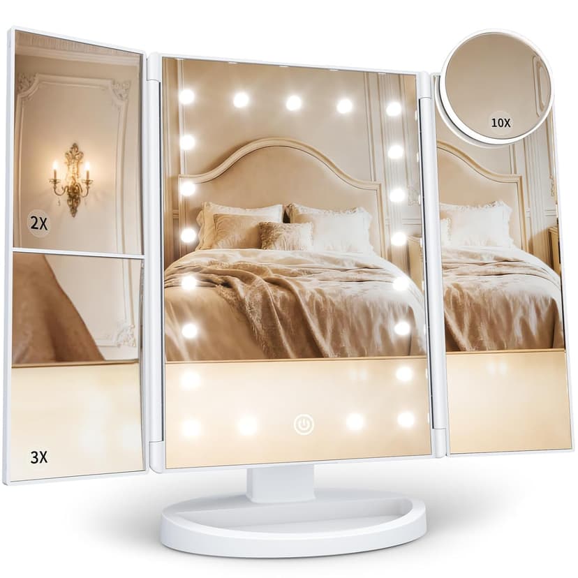 HUONUL Makeup Mirror Vanity Mirror with Lights, 2X, 3X, 10X Magnification, Touch Control, Trifold, White, 9.4" L x 13.4" W, Modern Style, Dresser Mount, Bathroom