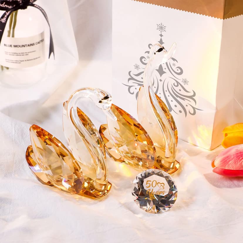 YWHL 50th Wedding Anniversary Swan Gifts for Parents, 50 Years for Couple, Crystal Swan Figurine Decoration for 50 Years of Marriage