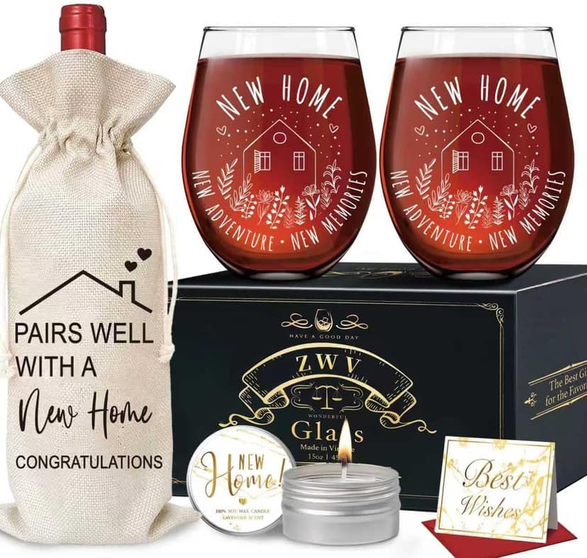 Housewarming Wine Glass Gifts for Couple, Stemless Wine Glasses Bottle Bag Candle Set for New Apartment, Blessing gifts for Women, Men, Couple, First Time Home Buyers, Homeowners, Family -149
