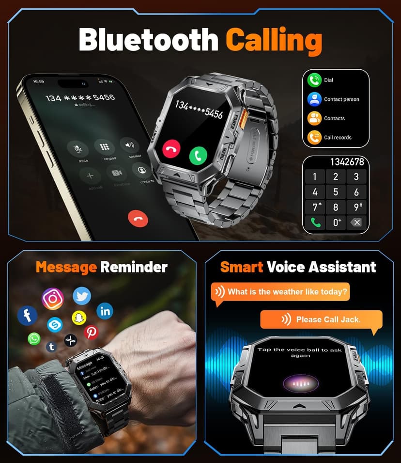 LIGE Military Smart Watches for Men(Answer/Make Calls),100-Day Battery Life,2.13" AMOLED Outdoor Sports Smartwatch with Compass,Heart Rate/Sleep Monitor Fitness Tracker for Android iOS,AI Voice