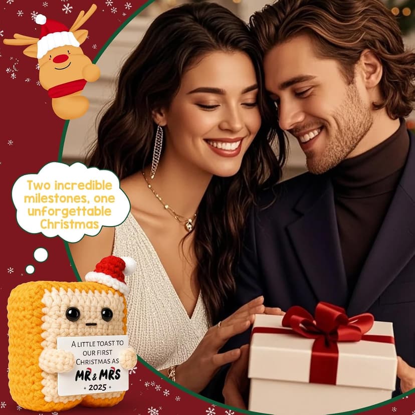 First Christmas 2025 Stocking Stuffer for Boyfriend Girlfriend–Wedding Gifts for Newlyweds Xmas Ornament for Couple Husband Wife – Sentimental Crochet Toast Plush Figure Decoration