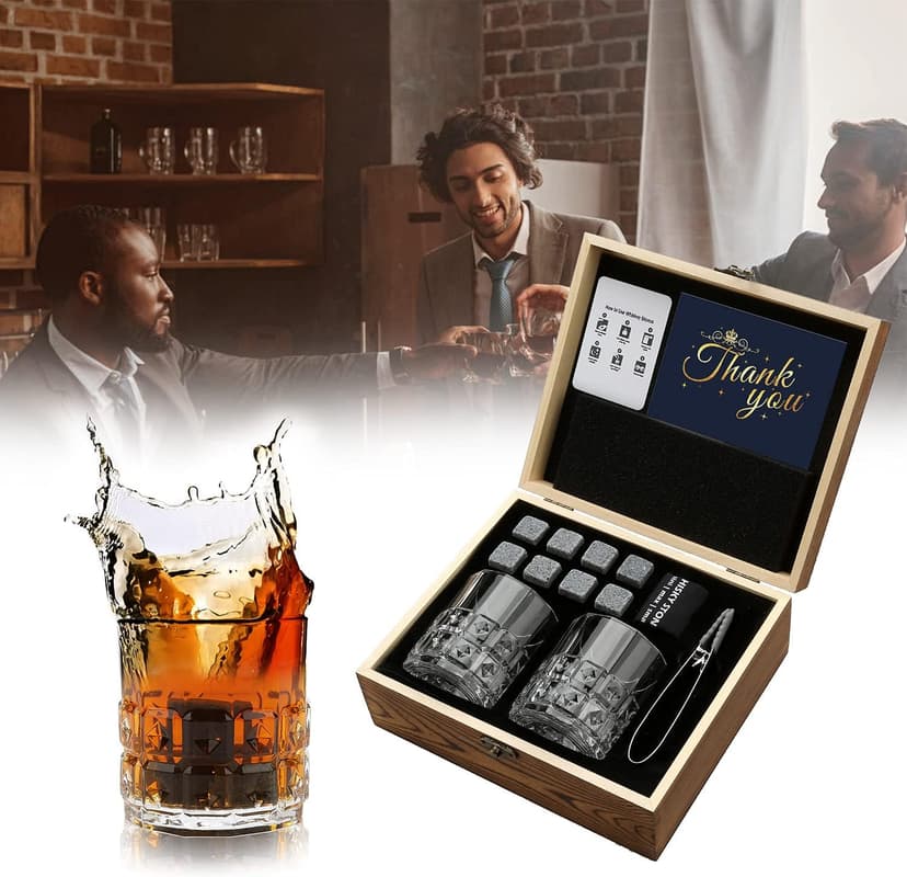 Whiskey Gifts for Men, Whiskey Glasses Set of 2, Granite Chilling Whiskey Stones, Bourbon Gifts for Men, Unique Giftss for Mens Birthday Christmas Father's Day Valentine Retirement Groomsmen