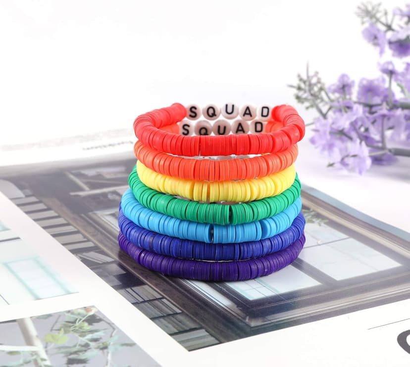 Rainbow Heishi Surfer Bracelets Set for Women Stackable Clay Beaded Bracelets Disc Stretch Preppy Bracelets Layering Colorful Friendship Bracelets Team Cheer Bulk Boho Summer Beach Jewelry Gift