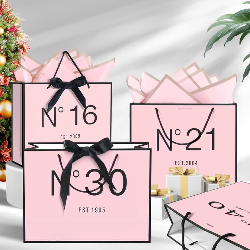 18th Birthday Gift Bag with Card Envelope Sticker Bow Ribbon and Tissue papers for Women Girls N°18 EST.2007 Design with Handles,for Celebrating 2007 18th Birthday Anniversary 13" (EST.2007 18th)