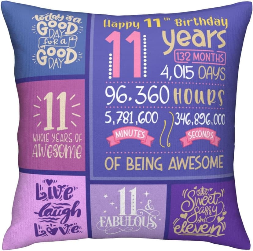 11 Year Old Girl Birthday Gifts - 11th Birthday Decorations - Throw Pillow Covers 18 x 18 inch
