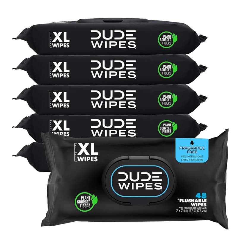 DUDE Wipes Wipes - Flushable Wipes - 6 Pack, 288 Wipes - Unscented Extra-Large Adult Wet Wipes - Vitamin-E & Aloe - Septic and Sewer Safe