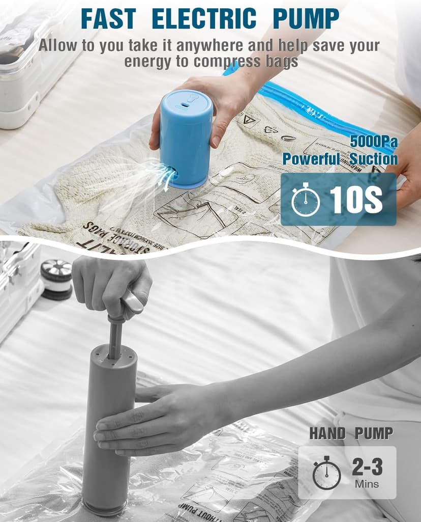 Vacuum Storage Bags for Travel, 8 Pack (4S+4XS) Vacuum Seal Bags with Wireless Rechargeable Electric Pump, Travel Essentials Space Saving Compression Bag for Clothes, Luggage, Suitcase, Backpack, Trip