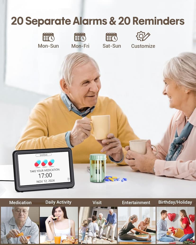 Clock with Day and Date for Elderly, 7" Large Display Digital Calendar Day Clock with 20 Custom Alarms and Medicine Reminders, 12 Display Modes, Dimmable Dementia Alzheimers Clocks for Seniors