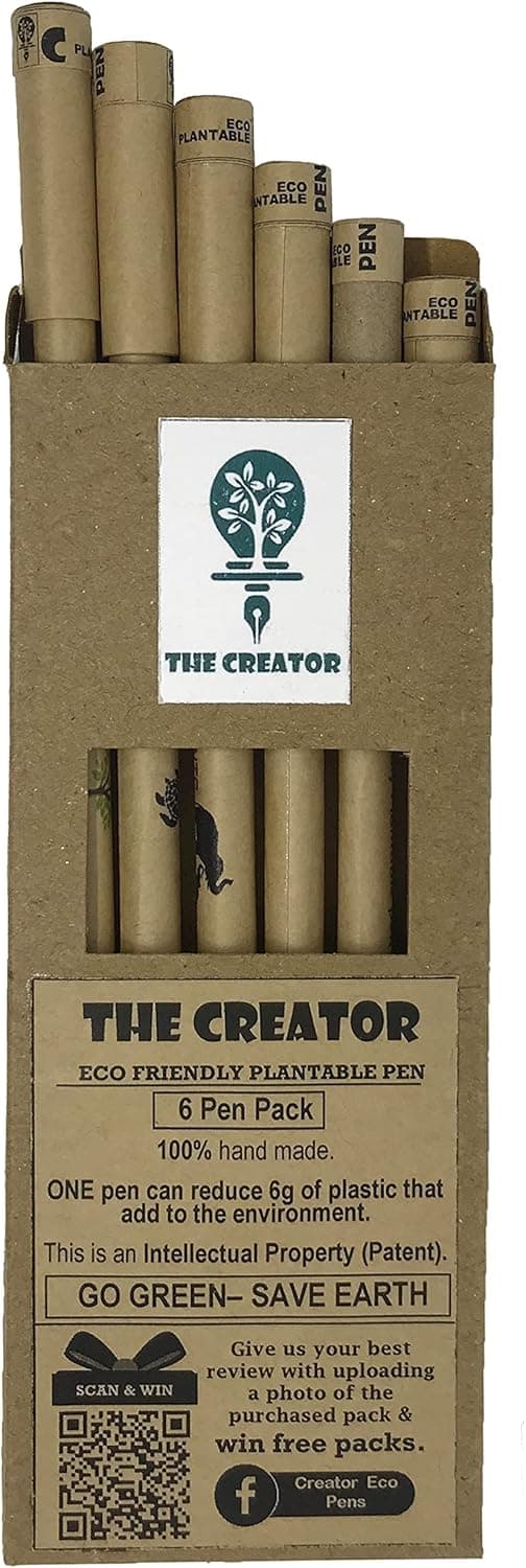 THE CREATOR The CREATOR - PLANTABLE Pens One pen reduces 6g of plastic added to the environment Go Green - Save Earth Give a gift that speaks to the Heart, Pack of (6), WILDLIFE Theme, Brown