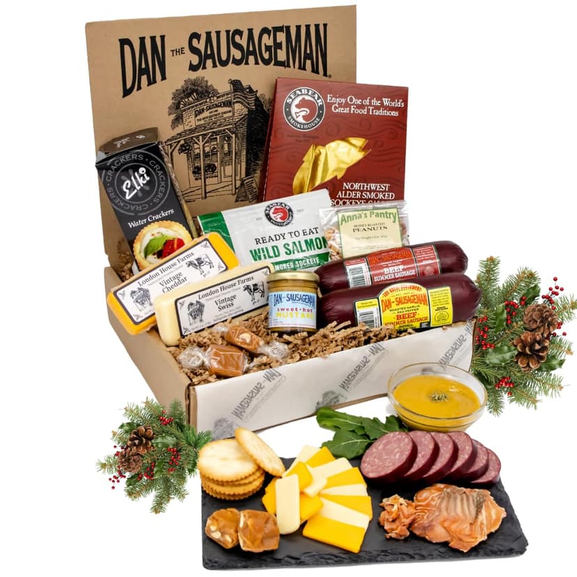 Dan the Sausageman Northwest Necessities Snack Gift Basket – Gourmet Meat & Cheese Summer Sausages, Mustard & Sweet Treats Set – 11-Items Holiday Box