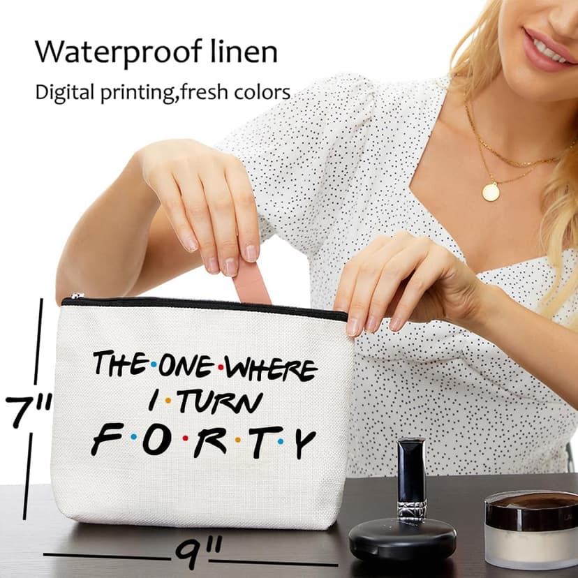 Blue Leaves Funny 40th Birthday Gifts Women Makeup Bag Cosmetic Travel 40 Year Old for Mom Friends Sister Aunt Wife Coworker Toiletry Turning Forty Bday