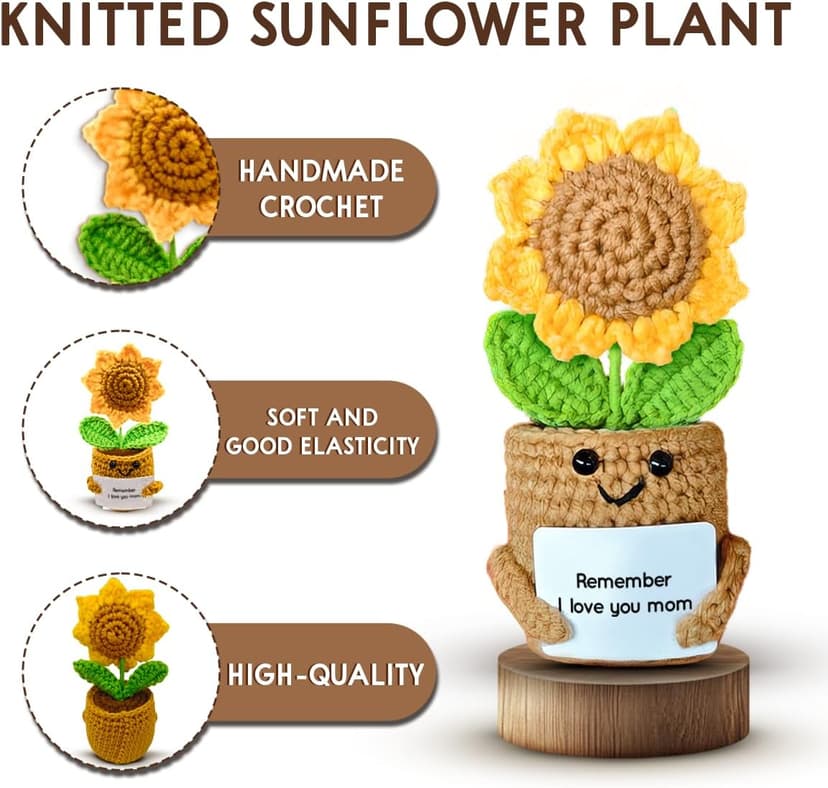 Mini Sunflower Mom Gifts from Daughter Son Kid, Handmade Crochet Mothers Day Christmas Birthday Gift with Card, Remember I Love You Mom, Positive Emotional Present, Cute Small Stuff Things