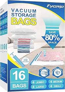 16 Pack Vacuum Storage Bags with Hand Pump, 4 Jumbo + 4 Large + 4 Medium + 4 Small Plastic Packaging Bags, 80% Space Saver Vacuum Seal Bags for Clothing, Travel Lugggage, Blankets, Comforters