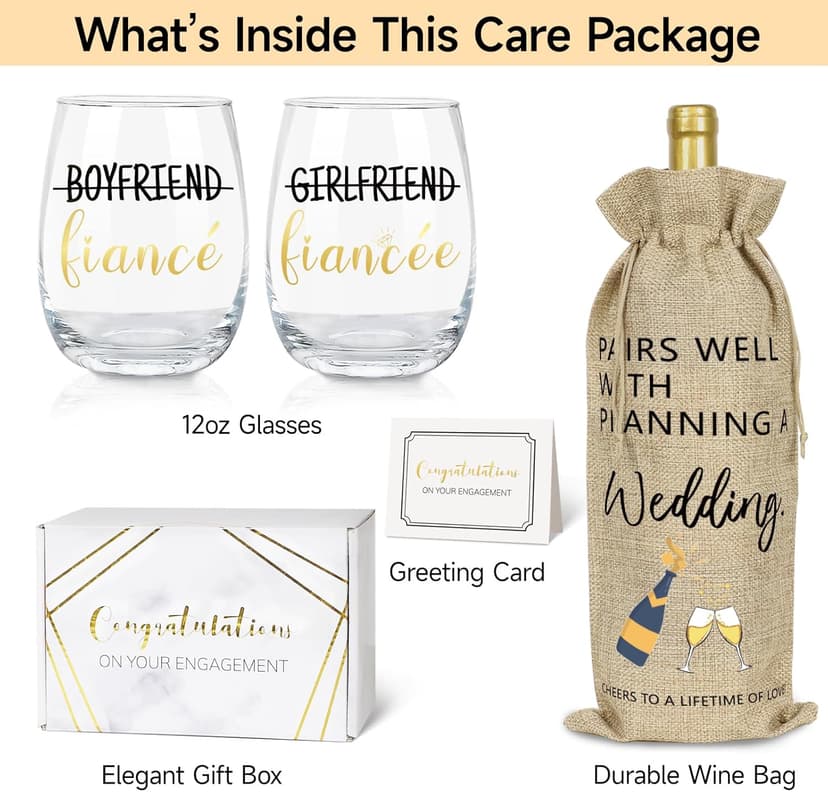 Engagement Gifts for Couples, Boyfriend and Girlfriend Wine Glass Engaged Gift Set with Wine Bag, Fiance Fiancee Gift for Him and Her Bride and Groom, Wedding Bridal Shower Gifts for Newlywed