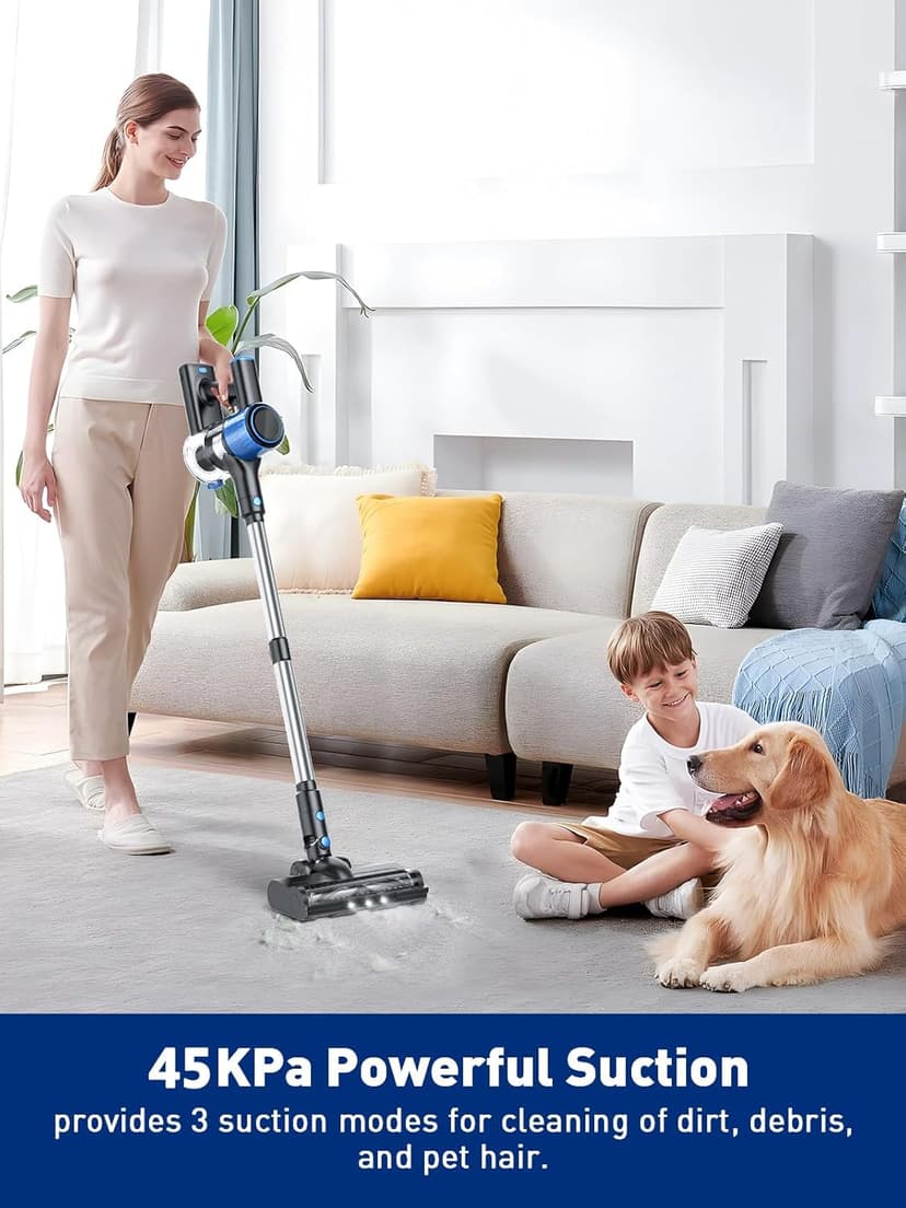 Cordless Vacuum Cleaner, 8 in 1 Powerful Suction Lightweight Vacuum Cleaner for Home, LED Display, 3 Suction Modes, 45Mins Detachable Battery Vacuum for Hard Floor Carpet Pet Hair