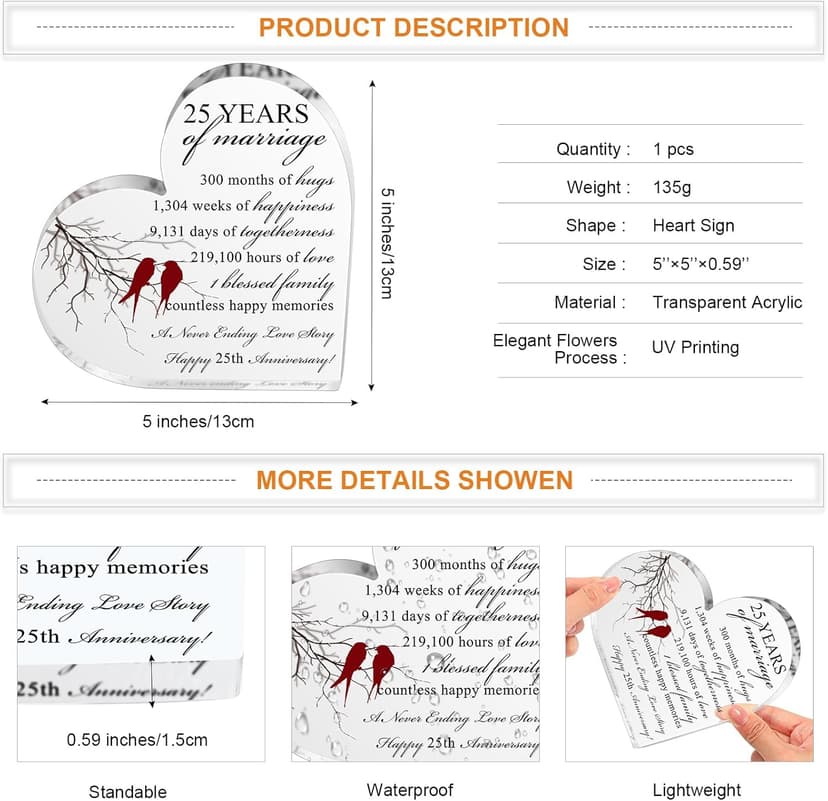 Qunclay 50th Years of Marriage Gift Wedding Anniversary Souvenir Heart Marriage Keepsake Decoration Present for Couple Parent Women Mom Husband Wife He She Friend Grandparents