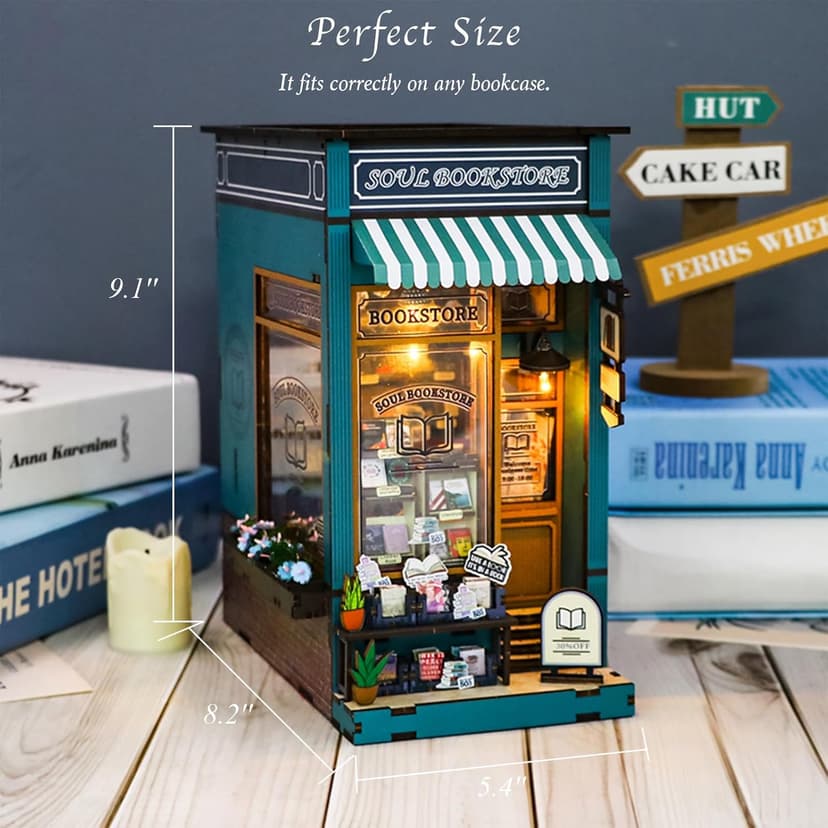DIY Book Nook Kit with Music Box, Wooden 3D Puzzle Dollhouse with LED, Miniature House Kit Bookends for Adult and Teen, Bookshelf Decor, Creative Gift for Friends and Family. Soul Bookstore