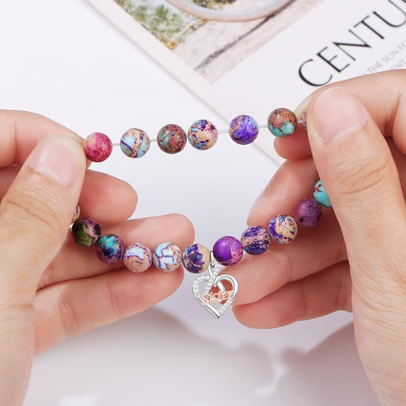 𝗚𝗶𝗳𝘁𝘀 𝗳𝗼𝗿 𝗪𝗼𝗺𝗲𝗻 𝗜𝗻𝗳𝗶𝗻𝗶𝘁𝘆 𝗟𝗼𝘃𝗲 𝗛𝗲𝗮𝗿𝘁 𝗕𝗿𝗮𝗰𝗲𝗹𝗲𝘁 Christmas Birthday Gifts for Sister Daughter Granddaughter Grandma, Natural Colorful Imperial Jasper Bracelet for Mom Wife Nana Aunt