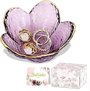 Purple Flower Jewelry Dish Glass Ring Dish Jewelry Tray Cute Vanity Organiser Room Decor Aesthetic Nightstand Bathroom Decor Trinket Dish Ring Holder Valentine's Friendship Birthday Gifts for Women