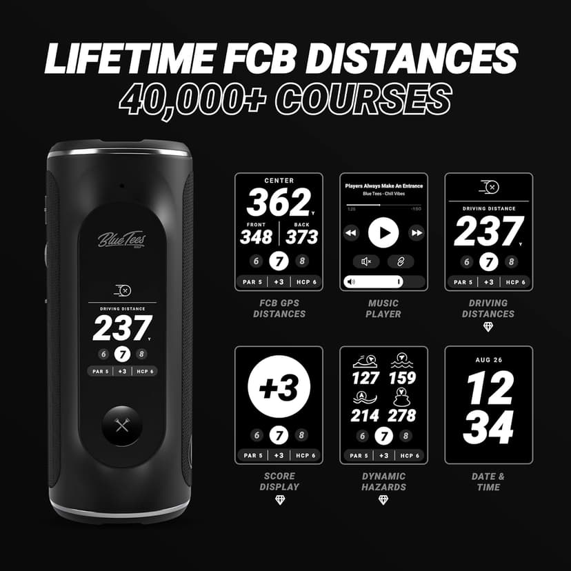 Blue Tees Golf Player+ GPS Speaker with Touch Screen Display, 10+ Hours Battery, 40,000+ Courses, Visual + Audible Distance, Hazard Distance - IPX7 Waterproof (Navy)