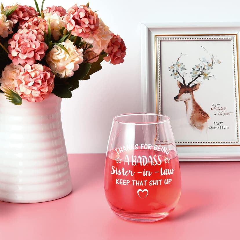 Futtumy Sisters Gifts for Sister-in-law, Thanks for Being A Sister-in-Law Stemless Wine Glass, Funny Mother’s Day Birthday Gift Christmas Gift Thank You Gifts from Soul Sisters, 15oz