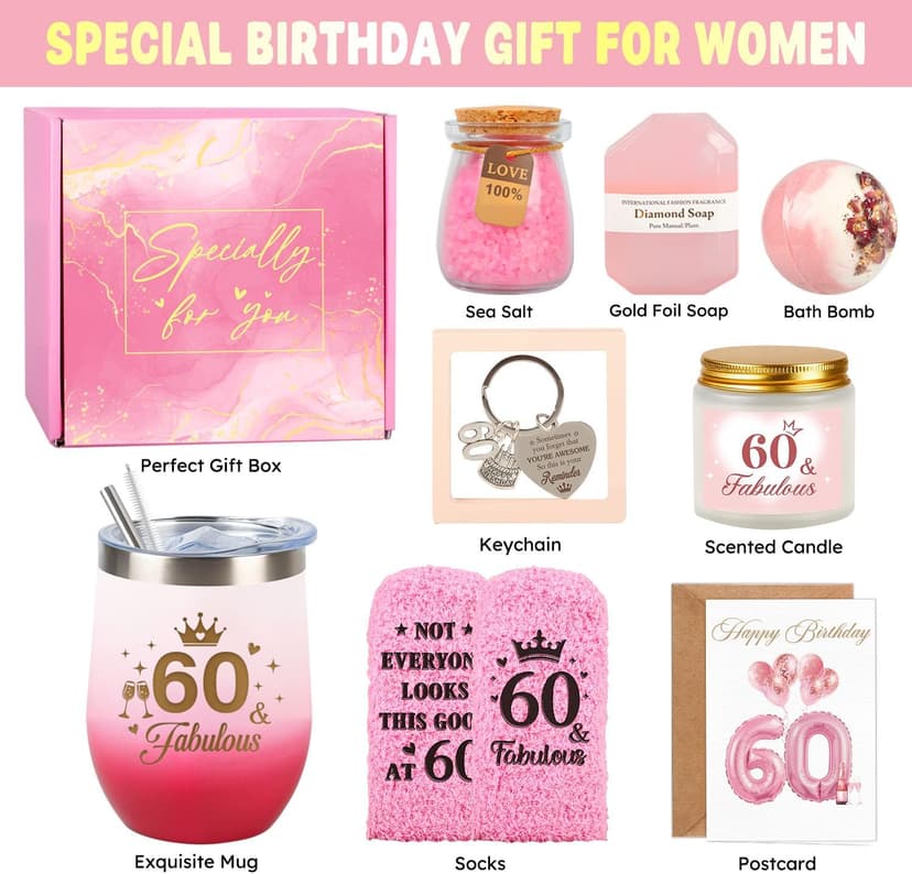60th Birthday Gifts for Women, 60 Year Old Birthday Gifts for Women Self Care Gifts Basket Relaxing Spa Gift Fabulous Happy 60th Birthday Gift Presents Ideas for Woman Mom Wife Sister Friend Grandma