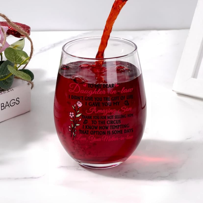 Futtumy Funny Daughter in Law Gifts, To My Dear Daughter-in-laws Stemless Wine Glass for Son's Wife, Mothers Day Birthday Christmas Gifts from Mother-In-Laws, 17 oz