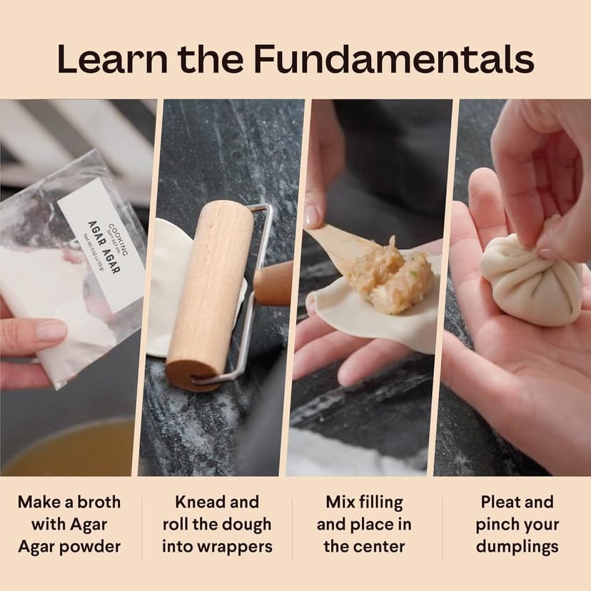 Cooking Gift Set Co. Bamboo Steamer Basket Soup Dumpling Kit - 2 Tier 8-Inch Dumpling Steamer for Cooking with Agar Agar, Roller, Spoon, Liners, Recipes & Step-by-Step Video (6-Piece Set)