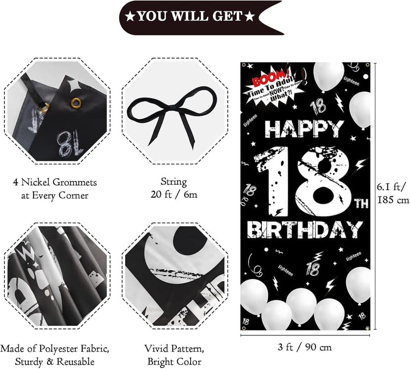 Fabric 18th Birthday Backdrop Banner Black White, Happy 18th Birthday Decoration for Men Women, 18 Year Old Birthday Party Yard Sign Photo Props Door Decor Supplies for Outdoor Indoor