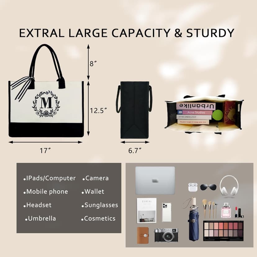 BeeGreen Embroidery Monogram Initial Tote Bag for Women Teacher Mom Friend Personalized Gift for Birthday Beach Wedding Work