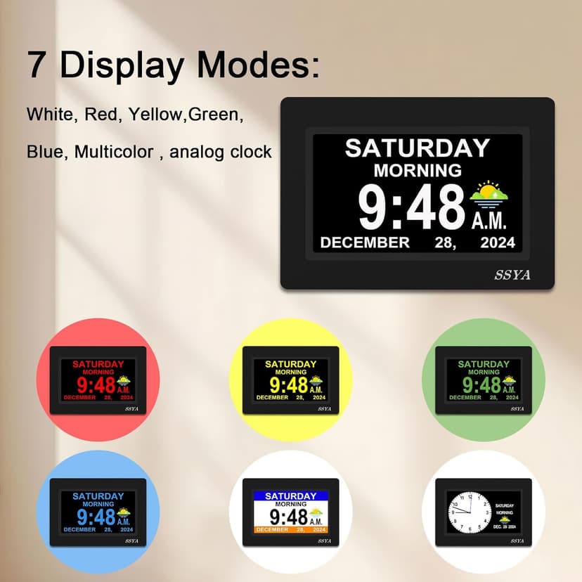SSYA 7 Inch Calendar Clock - 12 Alarm Options, Level 5 Auto Dimmable Display,Extra Large Impaired Vision Digital Clock with Non-Abbreviated Day & Month (Black)
