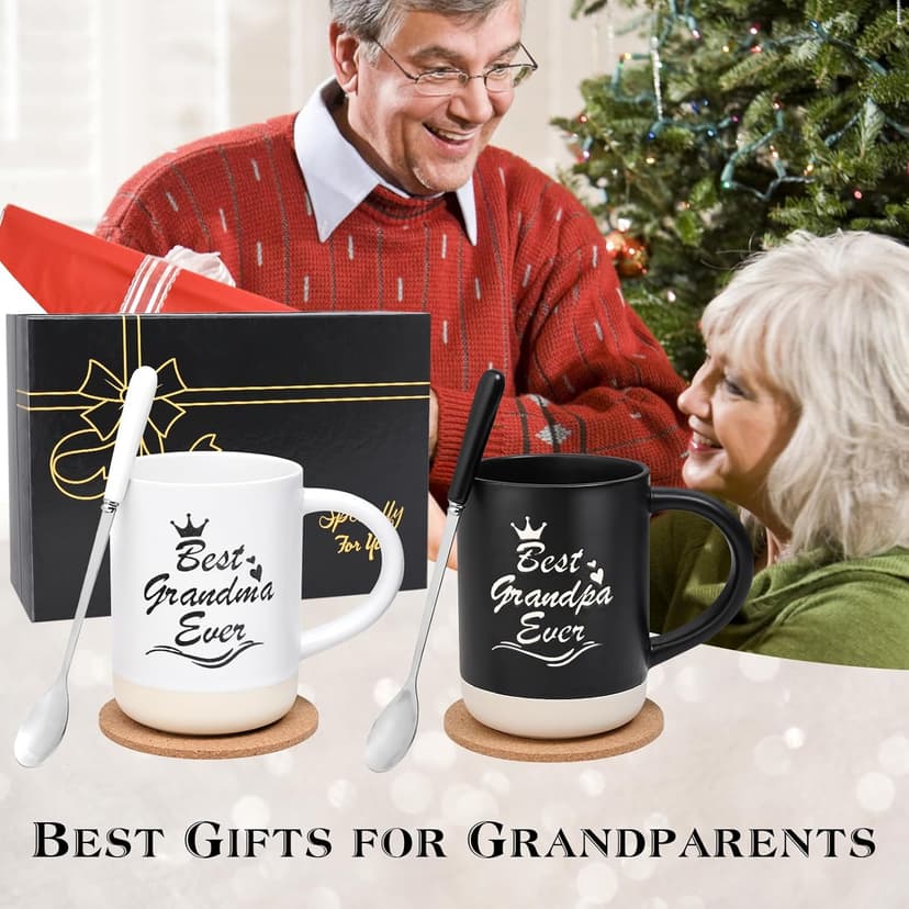 Cabtnca Gifts for Grandparents, Best Grandma and Grandpa Ever Mug Set, Christmas Grandparents Gifts for Grandma Grandpa from Granddaughter Grandkids, Grandparent Day Gift, 16 Oz Black & White