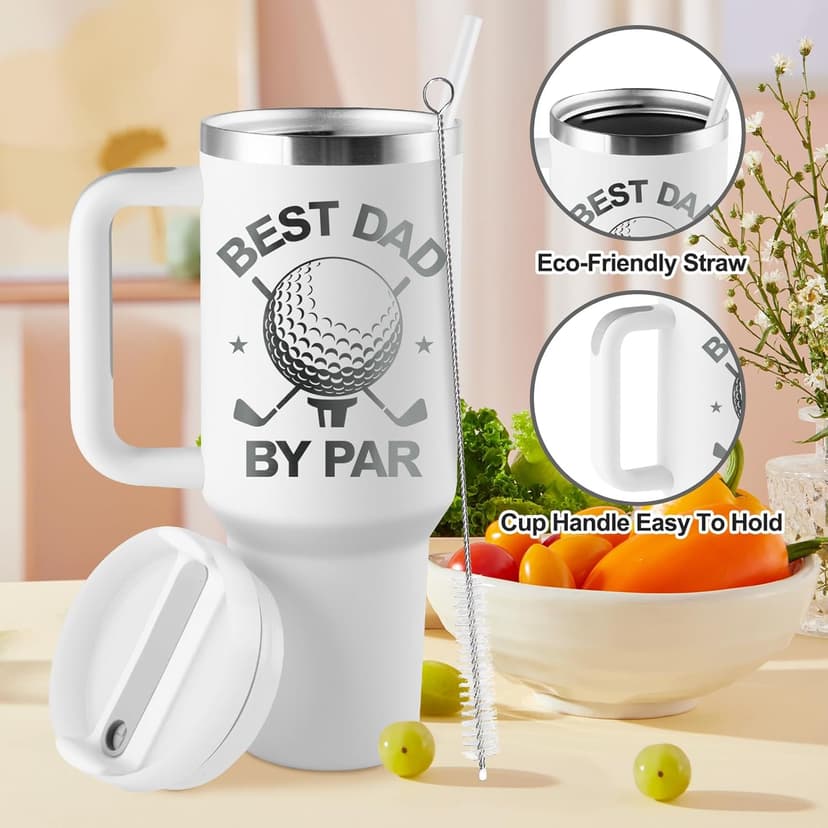 Golf Gifts for Dad - Fathers Day Golf Gifts for Men - Funny Golfer Gift Ideas for Him - Best Dad By Par - 40oz Travel Cup Insulated Tumbler with Handle & Straw