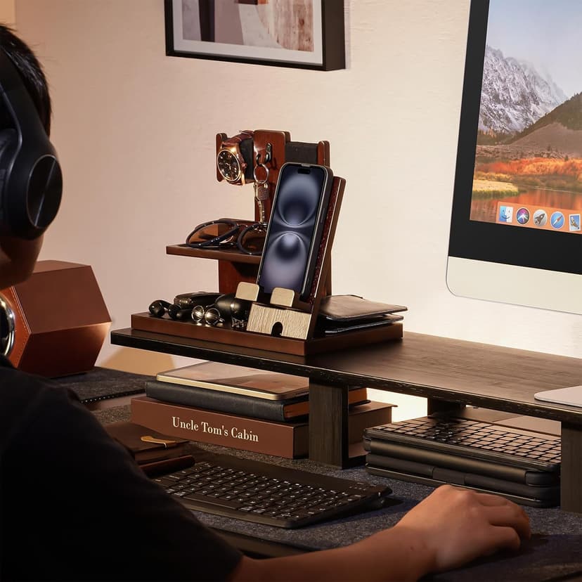 ProCase Gifts for Dad, Wood Phone Docking Station for Men, Dad Gifts From Daughter Son, Mens Nightstand Organizer, Anniversary Birthday Gifts for Dad Father Husband Him -Espresso (Engraved Word)