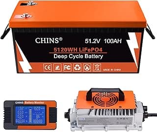 CHINS 48V Lithium Golf Cart Battery, 48 Volt 100Ah LiFePO4 Battery, Built-in Bluetooth 200A BMS, Includes 48V 18A Charger, Monitor, Perfect for Golf Carts