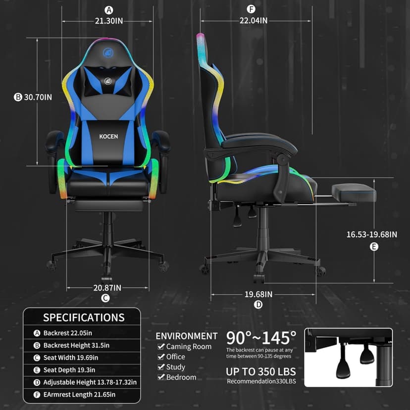 Gaming Chairs for Adults Tall and Kids，Lumbar Support,LED Lights，High Back Reclining Computer Chair with Headrest (Black+Blue)