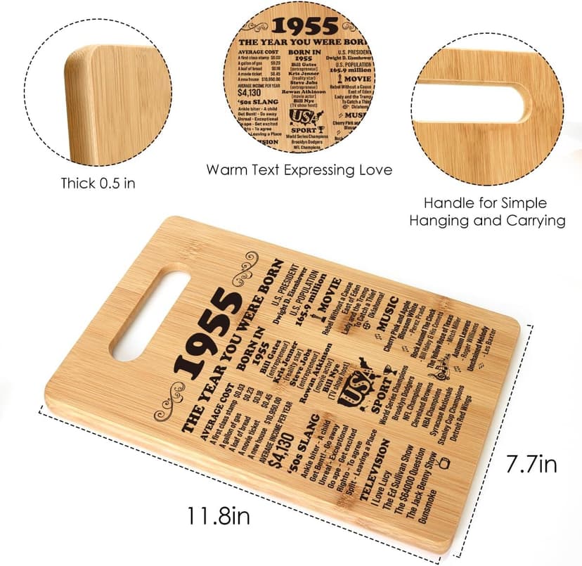 70th Birthday Gifts for Women Men, Happy 70 Year Old Birthday Gift Cutting Board for Her Him, Back In 1955 Birthday Decorations Woman Man Turning 70, 70th Cutting Board Birthday Favor