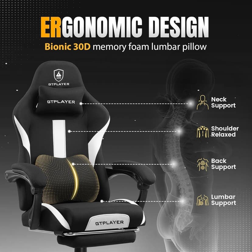 GTRACING Gaming Chair Ergonomic Office Chair with Foot Rest & Pocket Spring Cushion, Breathable Fabric Computer Chair with Headrest & Lumbar Support, High Back Game Chair for Adults, Coal-Black